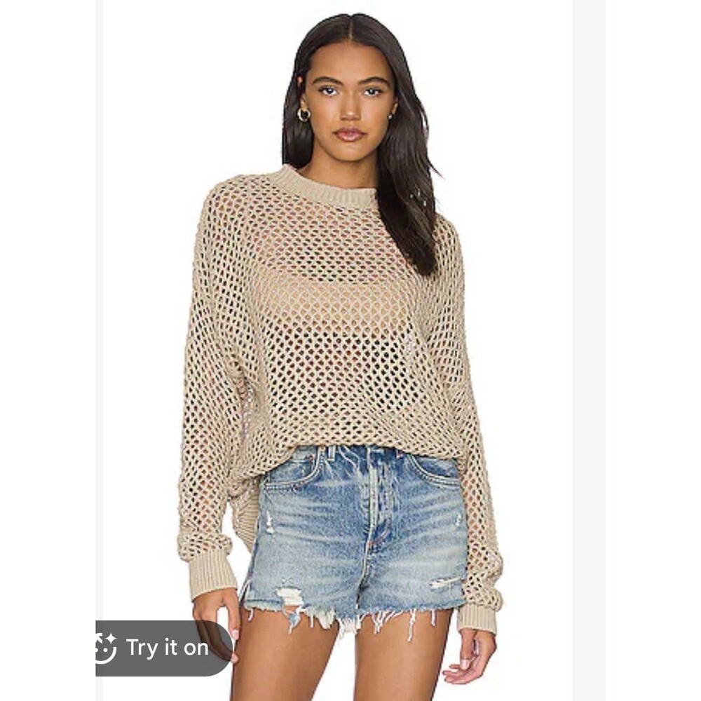 Beach Riot Hilary Sweater in Tan Large Open Knit 100% Cotton Beach Coverup